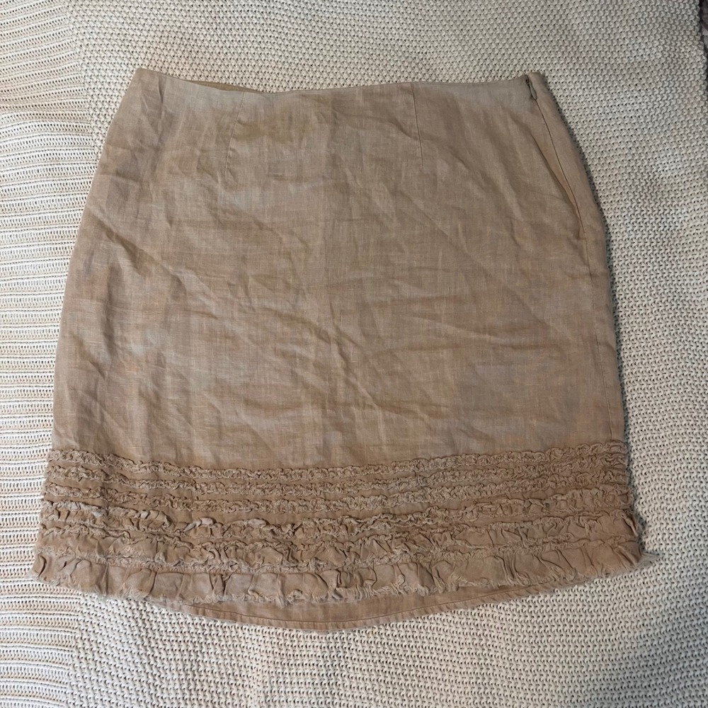 Tommy Bahama Tan 100% Linen Ruffle Hem A-Line Skirt Size 8 Beige Knee Length